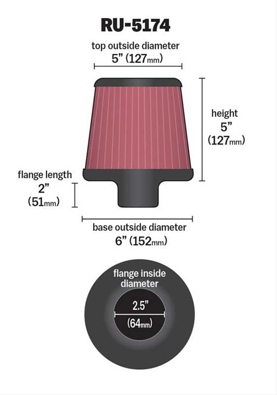 K&N Filters KNRU-5174 Universal Rubber Filter 2-1/2"Flg 6"B 5"T 5"H"