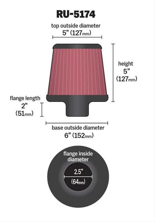 K&N Filters KNRU-5174 Universal Rubber Filter 2-1/2"Flg 6"B 5"T 5"H"