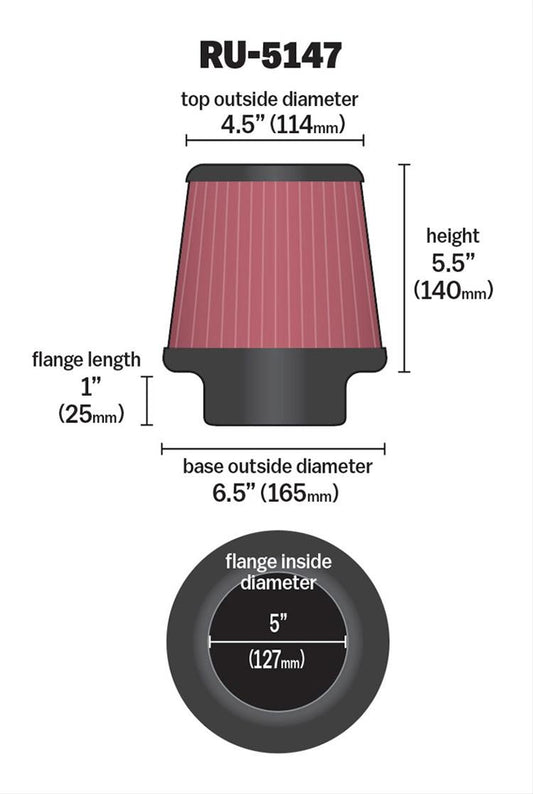 K&N Filters KNRU-5147 Universal Rubber Filter 5"Flg 6-1/2"B 4-1/2"T 5-1/2"
