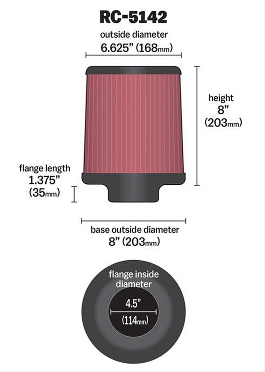 K&N Filters KNRC-5142 Universal Air Filter 4-1/2"Flg 8"B 6-5/8"T 8"H"