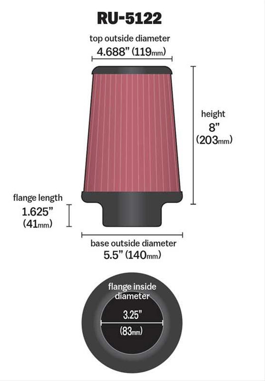 K&N Filters KNRU-5122 Universal Rubber Filter 3-1/4"Flg 5-1/2"B 4-11/16"T"