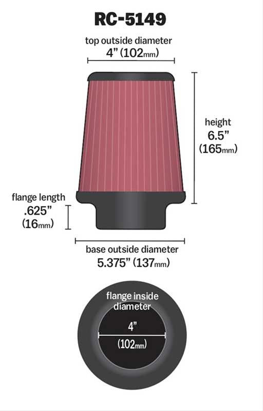 K&N Filters KNRC-5149 Universal Chrome Air Filter 4"Flg 5-3/8""B 4"T 6-1/2"H"