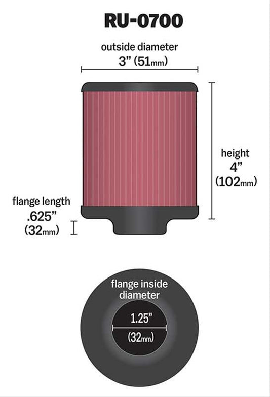 K&N Filters KNRU-0070 Universal Rubber Filter 1-1/4 Flg 3"Od 4"H"