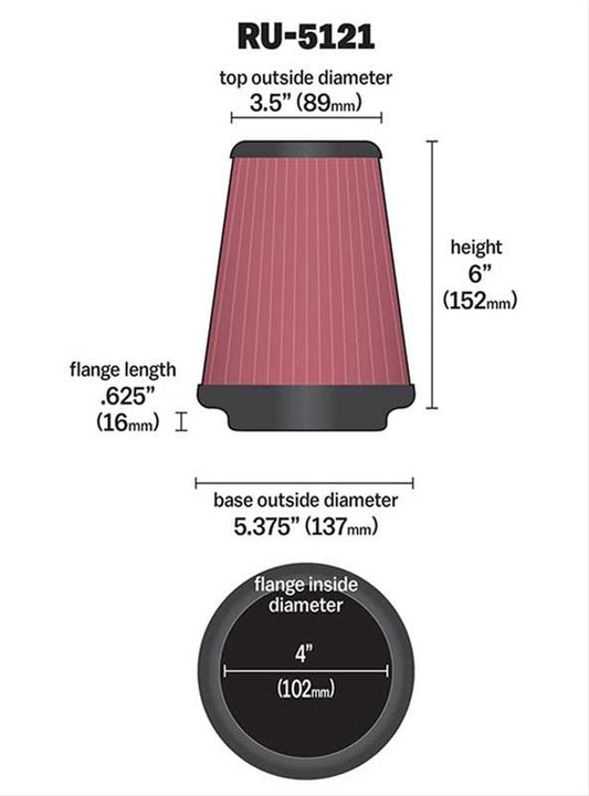 K&N Filters KNRU-5121 Universal Rubber Filter 4"Flg 5-3/8""B 3-1/2"T 6"H"