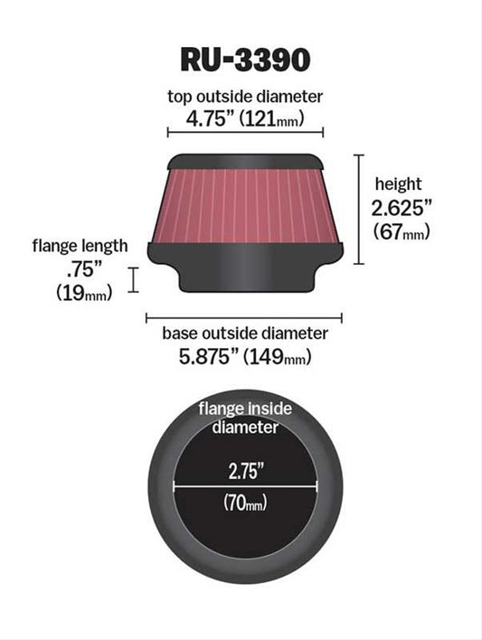 K&N Filters KNRU-3390 Universal Rubber Filter 2-3/4"Flg 5-7/8"B 4-3/4"T 2"