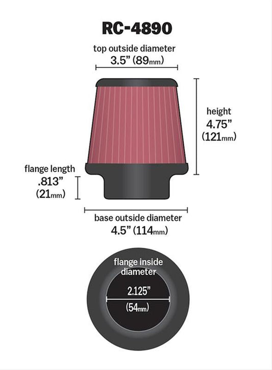 K&N Filters KNRC-4890 Universal Chrome Air Filter 2-1/8"Flg 4-1/2"B 3-1/2"T 4"