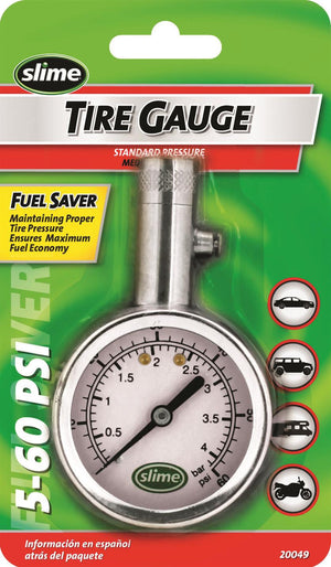 Slime FS-20049 Slime Dial Gauge Lge Brass 5-60 PSI C/W Bleeder VLv Cd