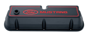 Ford Racing FMS-302-031 Ford Mustang' Die-Cast Alum Valve Covers Black Crinkle Red Recessed Emblems.