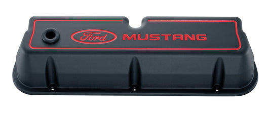 Ford Racing FMS-302-031 Ford Mustang' Die-Cast Alum Valve Covers Black Crinkle Red Recessed Emblems.