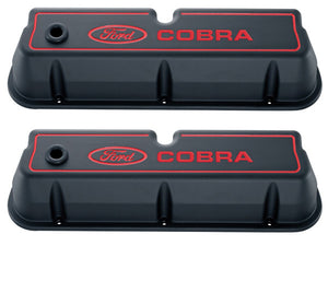 Ford Racing FMS-302-056 Ford Cobra' Die-Cast Alum Valve Covers Black Crinkle Red Recessed Emblems.