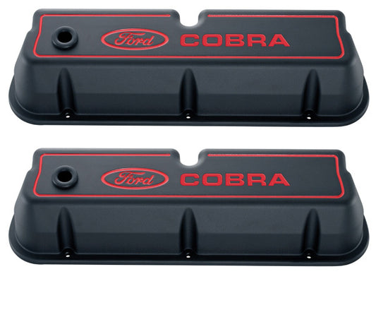 Ford Racing FMS-302-056 Ford Cobra' Die-Cast Alum Valve Covers Black Crinkle Red Recessed Emblems.