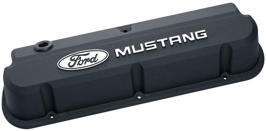 Ford Racing FMS-302-140 Ford Mustang' Die-Cast Valve Covers Slant-Edge Black Crinkle Raised Emblems.