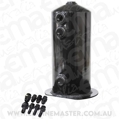 Aeroflow AF49-1016BLK Surge Tank 2.5L Anodised Black3x3/8 1x1/2 Or 3x -6AN 1x -8An