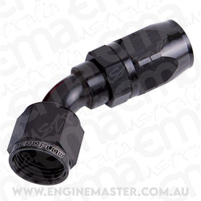 Aeroflow 100 & 450 series braided hose Alloy 45 Deg End -6AN Black Cutter Style Full Swivel Aeroflow Performance Products AF502-06BLK