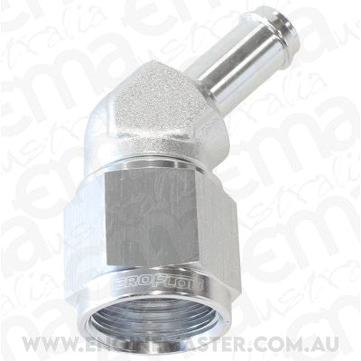 Aeroflow AF412-08-06S Female -8AN 45Deg to 3/8" Barb Silver Swivel Nut
