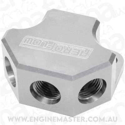 Aeroflow AF454-10-08S Y Block 4 Port Distribution Silver 3x -8ORB 1x-10ORB Inlet