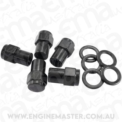 Aeroflow AF3028-6000 0.550" Shank Closed Black Wheel Nuts - M14 x 1.50mm Pack of 5, Washer Seat with Shank