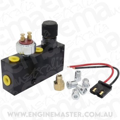 Aeroflow AF300-146BLK Brake Adjustable Proportioning Valve and Distribution Block Black Finish Brake Light Switch and 3/16" Fittings Included