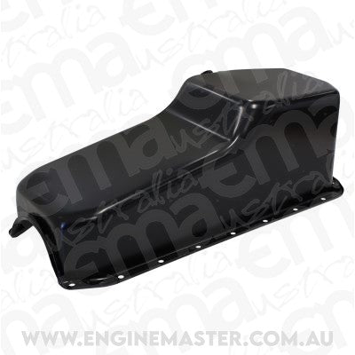 Chev small block Gen 1 262-400 V8.Rear Main Seal Style: 2-piece Steel Stock Oil Pan SBC Black Lh/Side Dipstick Rear Sump Aeroflow Performance Products AF82-9005BLK