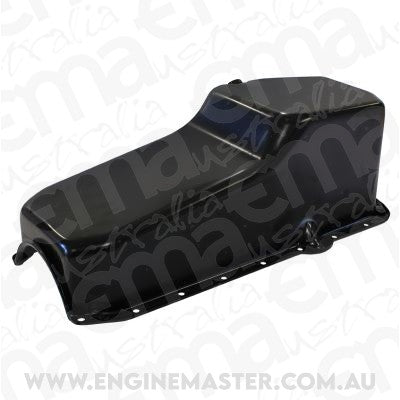 Chev small block Gen 1 262-400 V8.Rear Main Seal Style: 2-piece Steel Stock Oil Pan SBC Black Rh/Side Dipstick Rear Sump Aeroflow Performance Products AF82-9092BLK