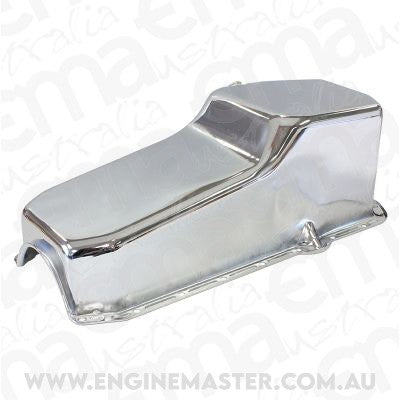 Aeroflow AF82-9092C Steel Stock Oil Pan SBC Chromerh/Side Dipstick Rear Sump