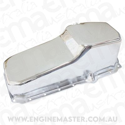 Aeroflow AF82-9414C Stock Oil Pan SBC Late '86 On Rh/Side Dipstick Chrome
