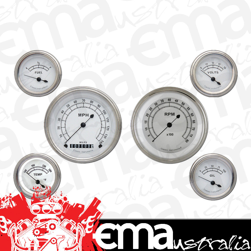 Classic Instruments CW01SLF Classic White - 6 Gauge Set 3-3/8" Speedo & Tacho, 2-1/18" Fuel, Oil, Temp, Volts
