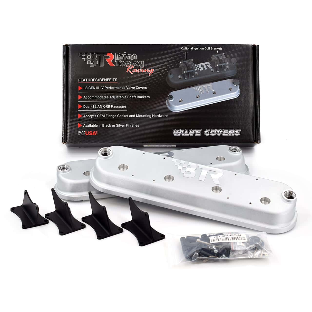 Brian Tooley Racing BTR-VCA-02-SLVR-CM LS Valve Covers Silver W/Coils On Top