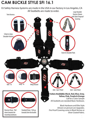 DJ Safety DJ431612 5 Point 3" Cam Lock Harness Black Bolt-In SFI 16.1