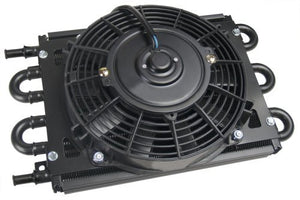 Derale DP12740 Dyno-Cool 6 Pass Remote Mount Cooler w/ Fan 11/32" Barb Inlets. 13-5/8" L X 7-5/8" H X 3-5/8" W