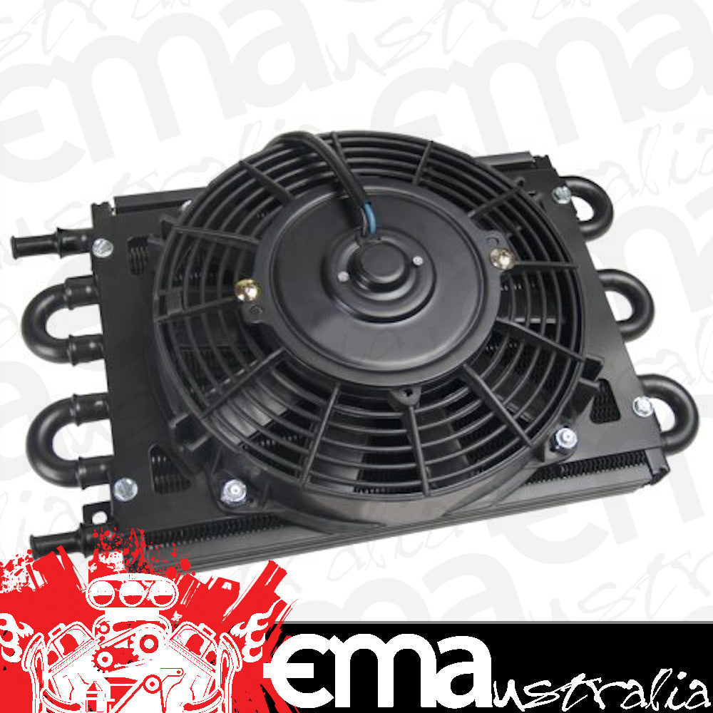 Derale DP12740 Dyno-Cool 6 Pass Remote Mount Cooler w/ Fan 11/32" Barb Inlets. 13-5/8" L X 7-5/8" H X 3-5/8" W