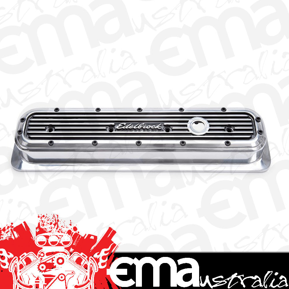Edelbrock ED4247 Elite Series Centerbolt Valve Covers - Polished Finish SB Chevy 1987-95 W/ Right Breather Hole W/ Logo 2-5/16" Overall Ht. ED4247