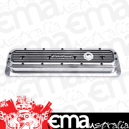 Edelbrock ED4247 Elite Series Centerbolt Valve Covers - Polished Finish SB Chevy 1987-95 W/ Right Breather Hole W/ Logo 2-5/16" Overall Ht. ED4247
