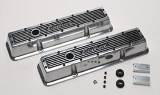Edelbrock ED4248 Elite Series Valve Covers - Polished Finish Small Block Chevy Low Profile W/ Logo 3" Overall Ht. ED4248