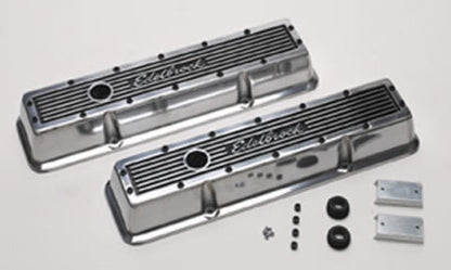 Edelbrock ED4248 Elite Series Valve Covers - Polished Finish Small Block Chevy Low Profile W/ Logo 3" Overall Ht. ED4248