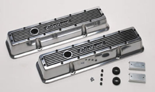 Edelbrock ED4248 Elite Series Valve Covers - Polished Finish Small Block Chevy Low Profile W/ Logo 3" Overall Ht. ED4248