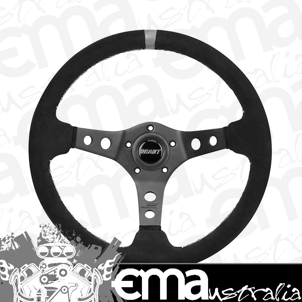 Grant GR694 13.75" Performance & Race Steering Wheel Black Anodized 3-Spoke Black Suede Grip 3.5" Dish Wih Grey Center Top Stripe