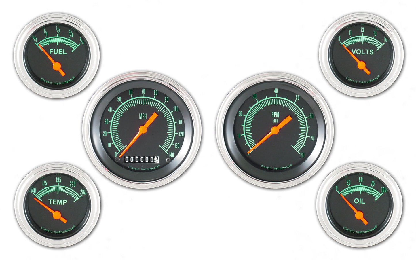 Classic Instruments GS01SLF G-Stock - 6 Gauge Set 3-3/8" Speedo & Tacho, 2-1/18" Fuel, Oil, Temp, Volts