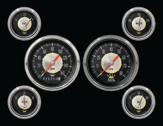 Classic Instruments HH01SLC Hollywood Hot Rod - 6 Gauge Set 3-3/8" Speedo & Tacho, 2-1/18" Fuel, Oil, Temp, Volts