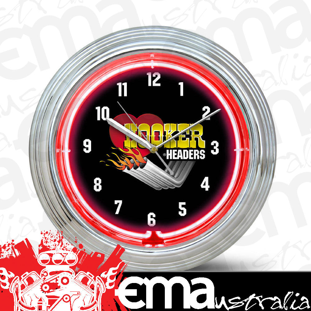 Hooker HO-10150HKR Neon Clock 14.5" Dia. Red Neon Aa Battery Not Included
