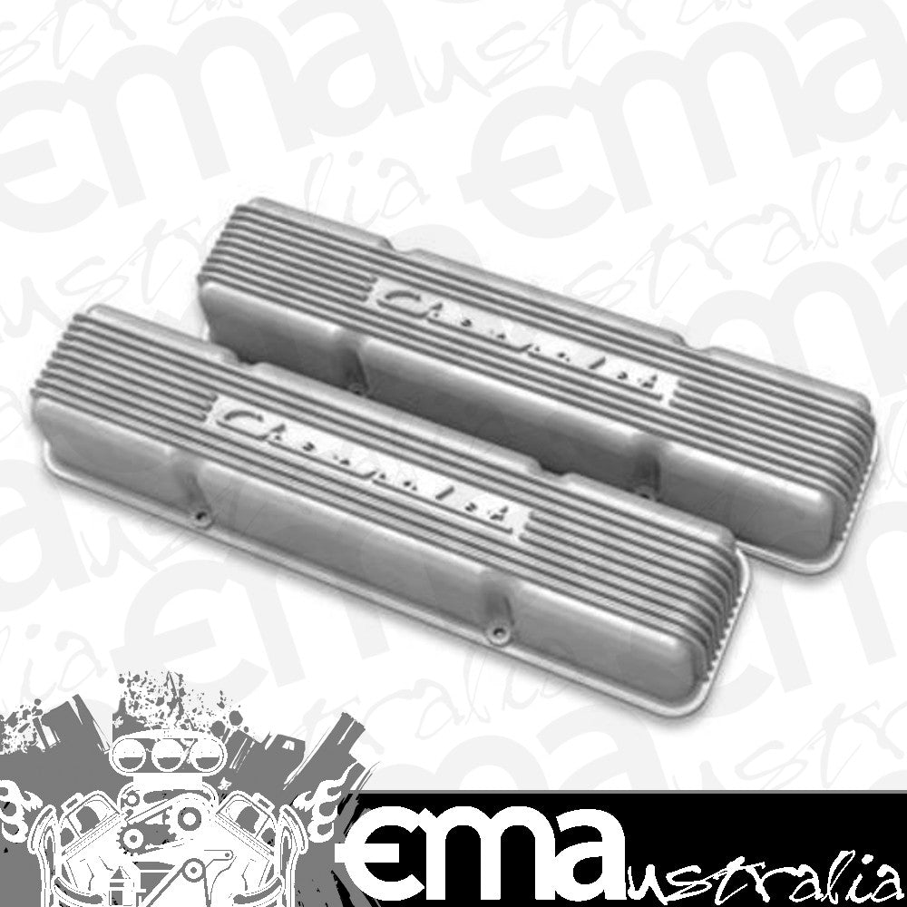 Holley GM Style Finned 'Script' Perimeter Bolt Valve Cover Pair SBC - Natural Finish