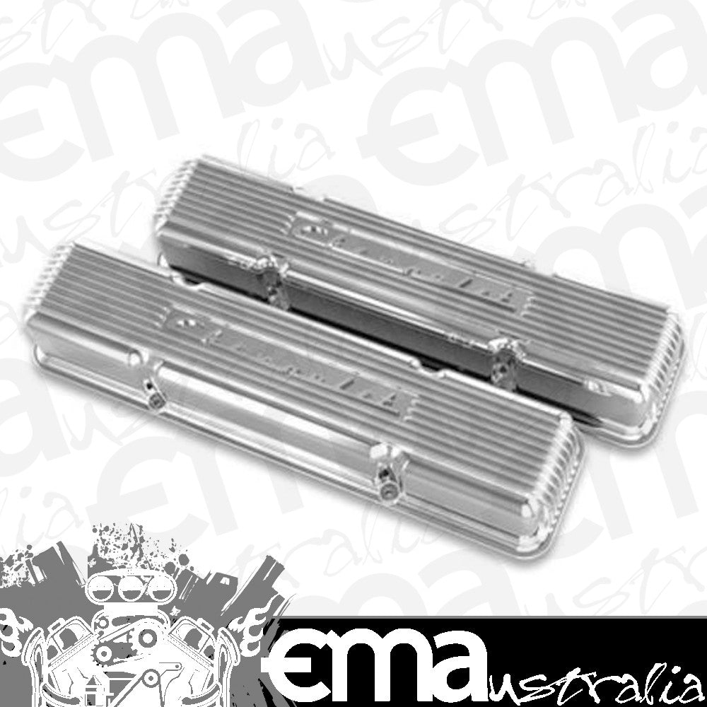 Holley GM Style Finned 'Script' Perimeter Bolt Valve Cover Pair SBC - Polished Finish