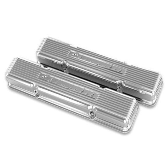 Holley GM Style Finned 'Script' Perimeter Bolt Valve Cover Pair SBC - Polished Finish
