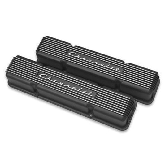 Holley GM Style Finned 'Script' Perimeter Bolt Valve Cover Pair SBC - Satin Black Finish