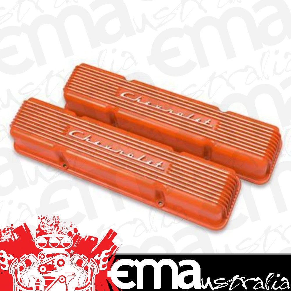 Holley GM Style Finned 'Script' Perimeter Bolt Valve Cover Pair SBC - Fact. Orange Finish