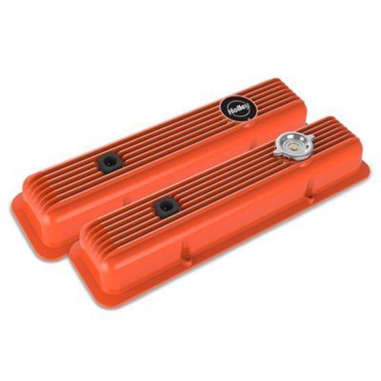 Valve Covers Muscle Series Perimeter Bolt Cast Aluminium Orange Finned Chevy Small Block Pair