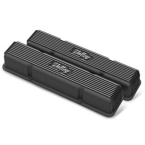 Valve Covers Vintage Series Cast Aluminium Black Wrinkle Finned Holley Logo Chevy Small Block Pair