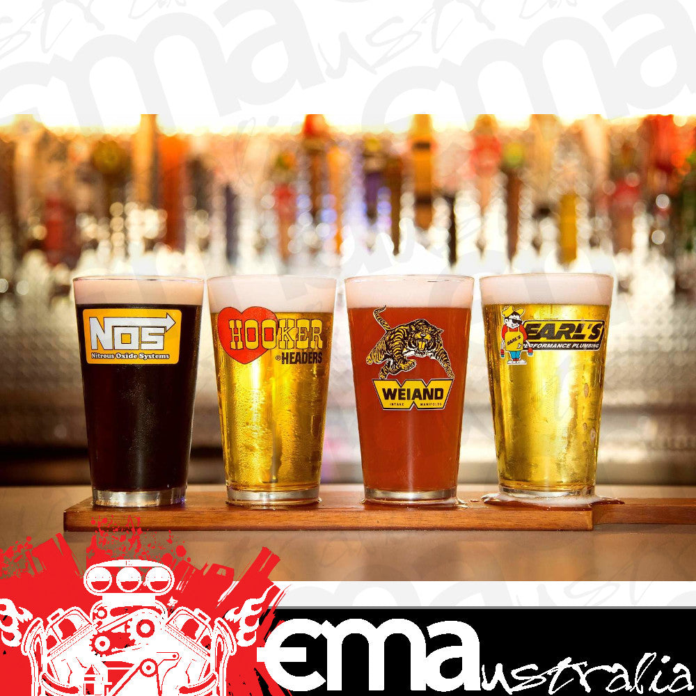 Holley HO36-441 16oz (473ml) Pub Glass Assortment - Hooker, NOS, Earl's & Weiand