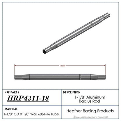 Hephner Racing Products HRP-4311-18 Polished Aluminium Radius / Swedge Rod 18" L X 1-1/8" O.D X 5/8"