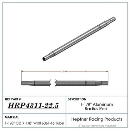 Hephner Racing Products HRP-4311-22.5 Polished Aluminium Radius / Swedge Rod 22.5" L X 1-1/8" O.D X 5/8"